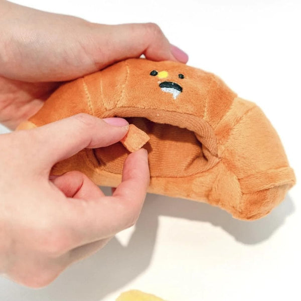Small plush dog toy squeaky realistic croissant print (5)